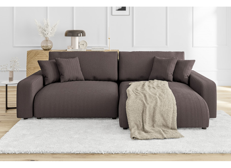 Rozkładany narożnik Sergio L– brązowy z funkcją spania, tkanina sztruksowa - Lincoln 29