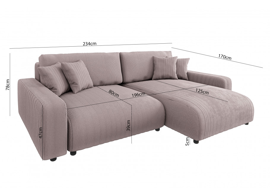 Rozkładany narożnik Sergio brudny róż – sztruks, funkcja spania 5