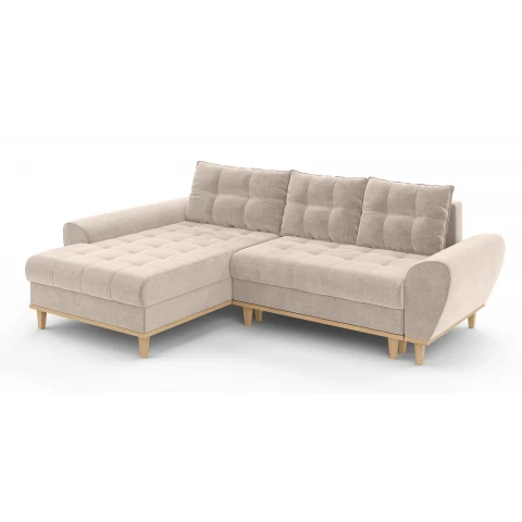 Narożnik L-kształtny na wysokich nóżkach beżowy GAMBO z funkcją spania