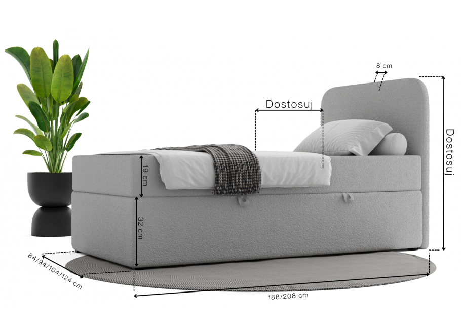 Łóżko Denver Comfort młodzieżowe z pojemnikiem na pościel na wymiar 5