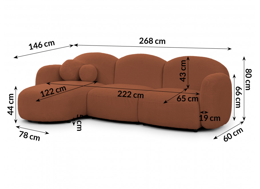 Nowoczesny, duży narożnik z ozdobnymi poduszkami Bloop - wymiar