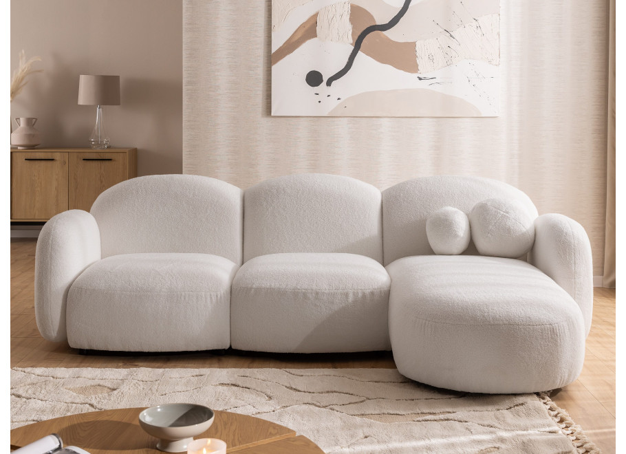 Beżowy narożnik w boucle z ozdobnymi poduszkami Bloop - Quelle 01