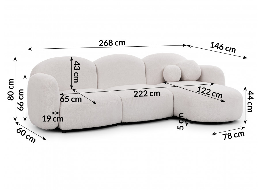 Beżowy narożnik w boucle z ozdobnymi poduszkami Bloop - Quelle 01