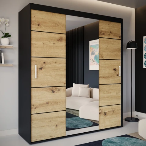 Szafa przesuwna dwudrzwiowa czarny i wotan z lustrem NIKA - 160x250x60