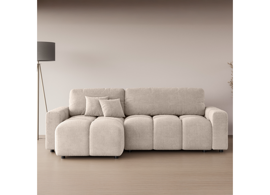 Beżowy rozkładany narożnik VEGA z funkcją spania i pojemnikiem na pościel