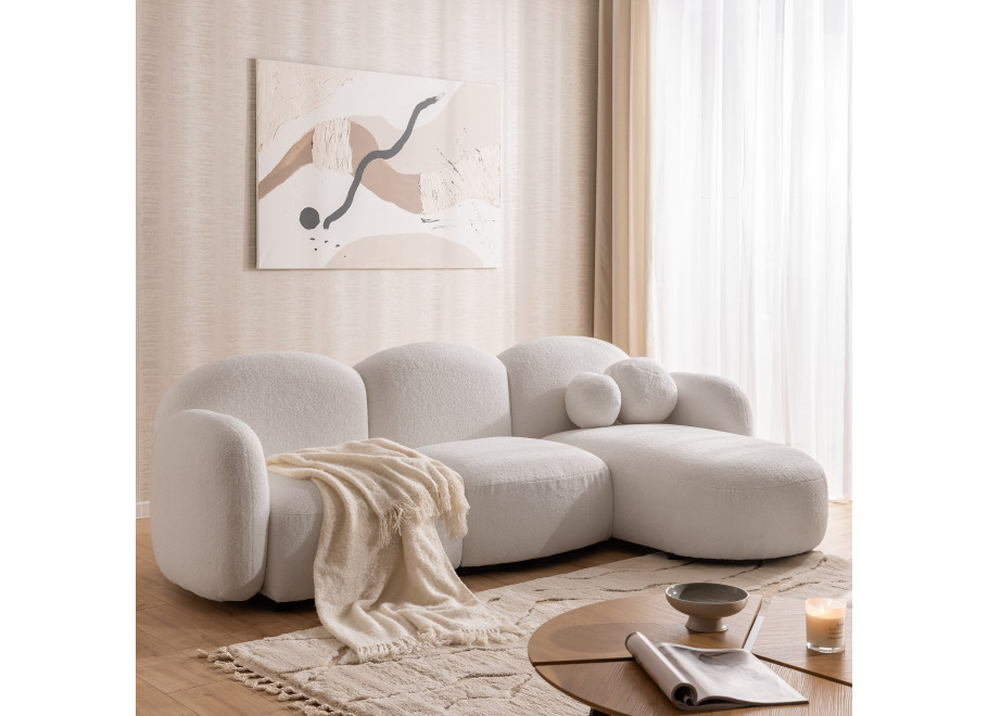 Beżowy narożnik w boucle z ozdobnymi poduszkami Bloop - Quelle 01