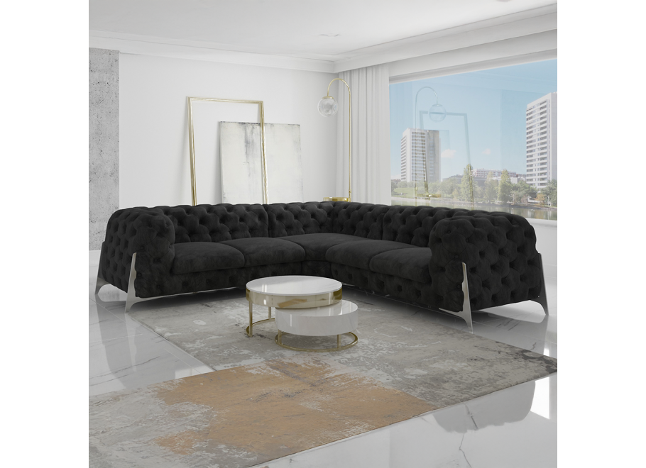 Czarny duży narożnik na wysokich nóżkach pikowany Chesterfield KALIFORNIA 2+E+2 - Riviera 100