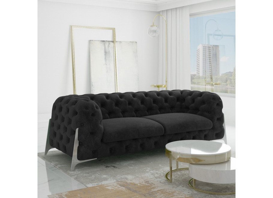Sofa welurowa czarna, trzyosobowa pikowana do salonu KALIFORNIA 3
