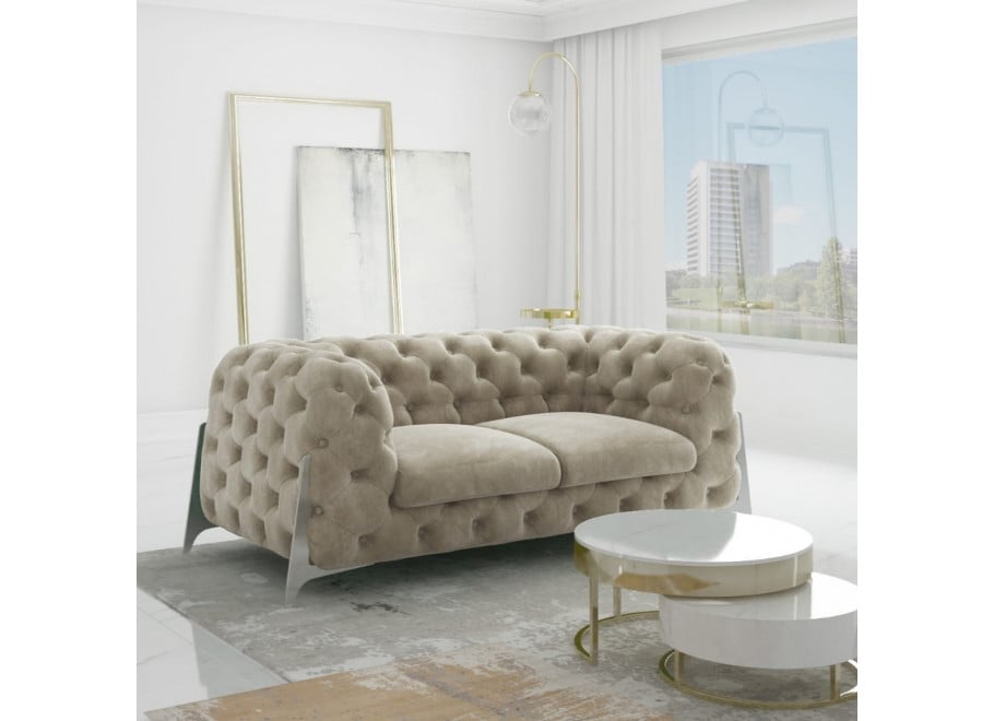 Mała sofa jasnobeżowa dwuosobowa pikowana glamour Chesterfield KALIFORNIA 2