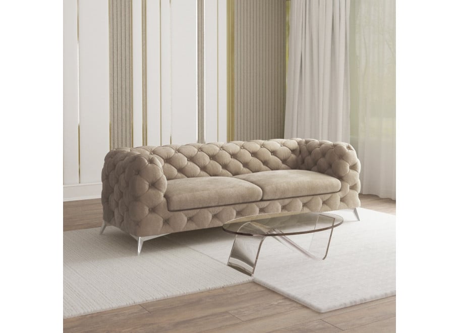 TEO 2,5 – sofa trzyosobowa pikowana glamour Chesterfield w kolorze szaro-beżowym