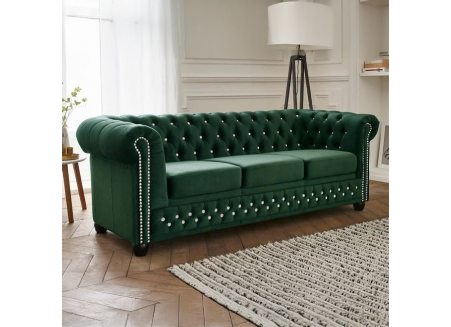 Sofa FELIX BLINK 3 Chesterfield – butelkowa zieleń, pikowania z kryształkami