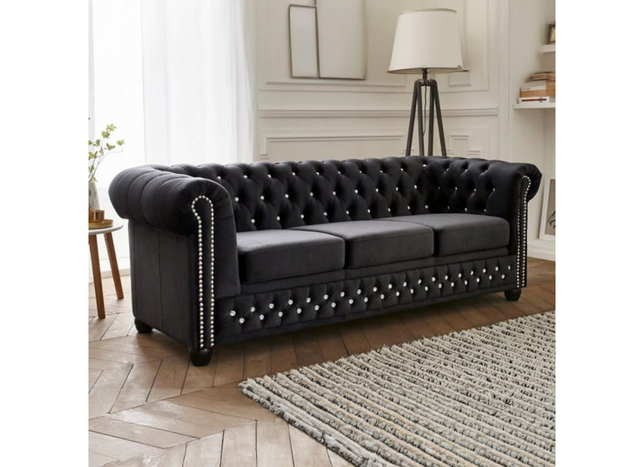 Pikowana sofa FELIX BLINK 3 – grafitowa wersja z kryształkami w stylu Chesterfield
