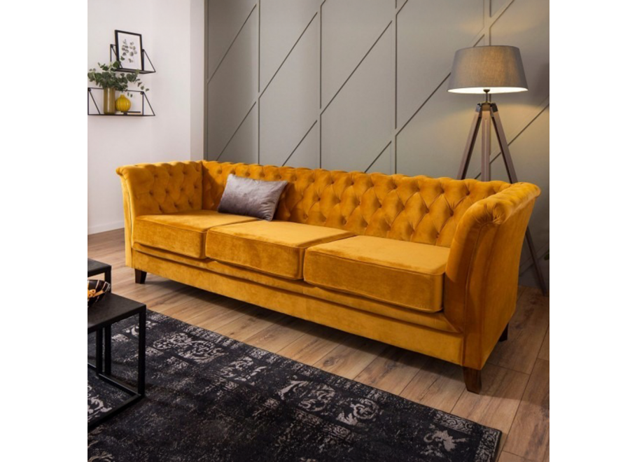 Wygodna sofa trzyosobowa pikowana Chesterfield HASSO 3 – musztardowy kolor