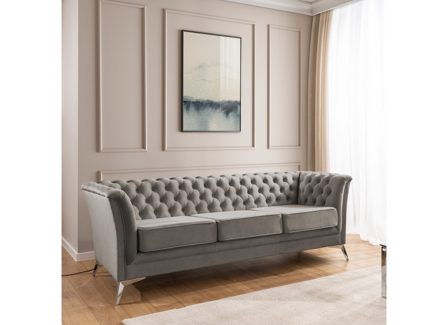 Chesterfield szara HASSO BIS – klasyczna sofa trzyosobowa na metalowych nogach