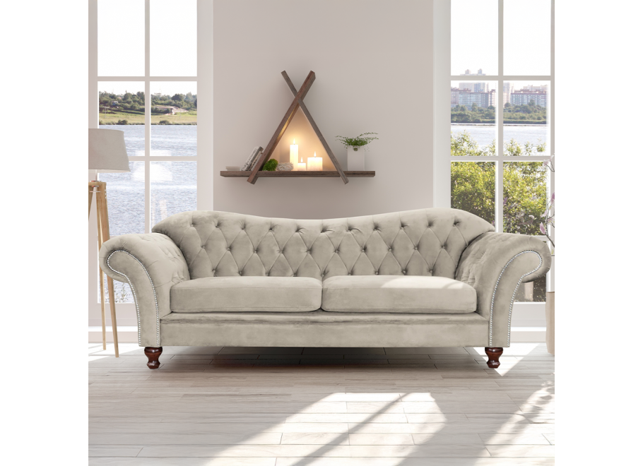 Wygodna szara sofa trzyosobowa Paris Chesterfield– idealna do każdego wnętrza