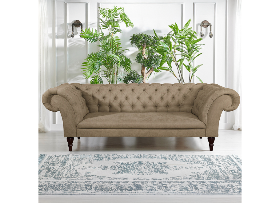 Beżowa sofa 3-osobowa PORTO – pikowana, wygodna, w stylu Chesterfield