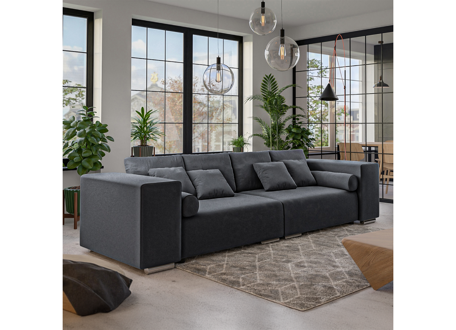 Grafitowa sofa Lori – 3-osobowa, z funkcją spania i miękkimi poduszkami, nowoczesna i wygodna