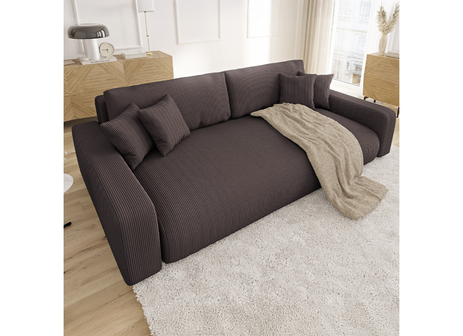 Ciemnobrązowa sofa Sergio z funkcją spania – nowoczesność i wygoda w tkaninie sztruksowej