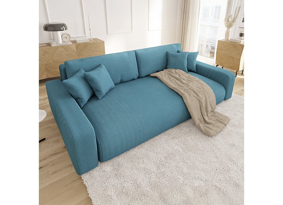 Turkusowa sofa Sergio z funkcją spania – elegancka sztruksowa tkanina
