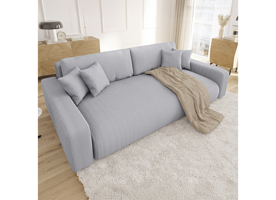 Jasnoszara sztruksowa sofa trzyosobowa Sergio – wygodna kanapa z funkcją spania