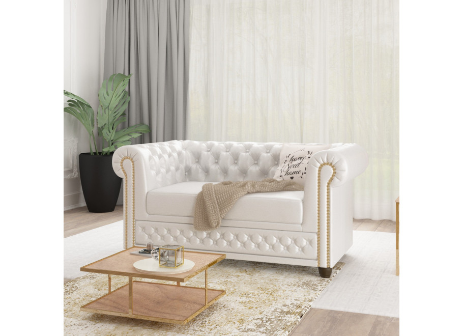 Wygodna sofa dwuosobowa w białej ekoskórze Chesterfield FELIX 2