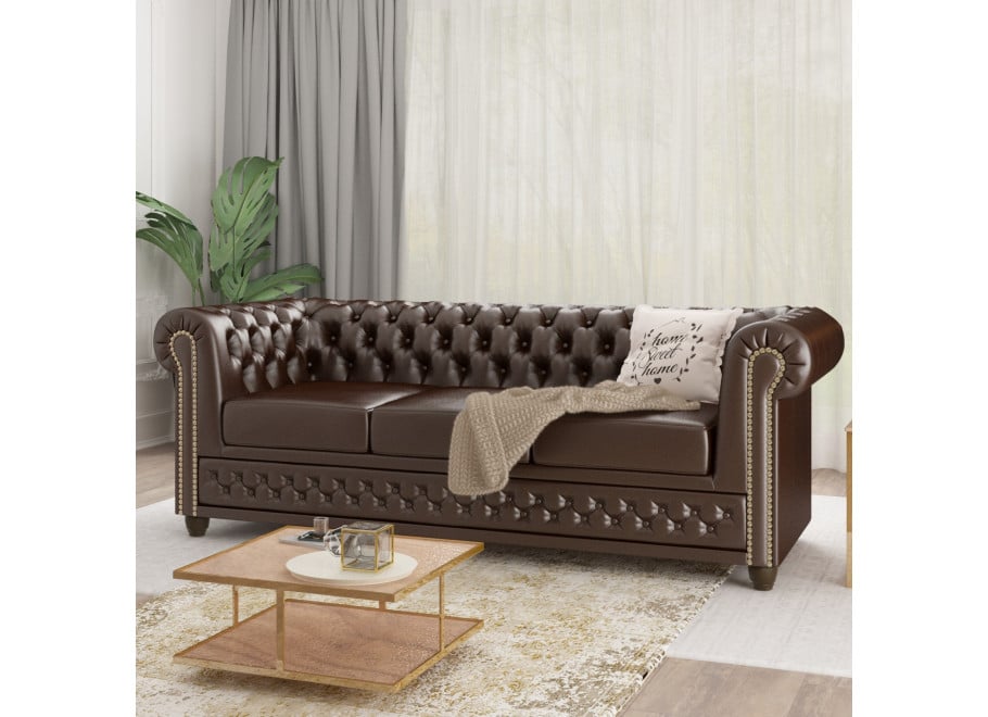 Elegancka sofa trzyosobowa pikowana Chesterfield FELIX 3 - Brązowa ekoskóra