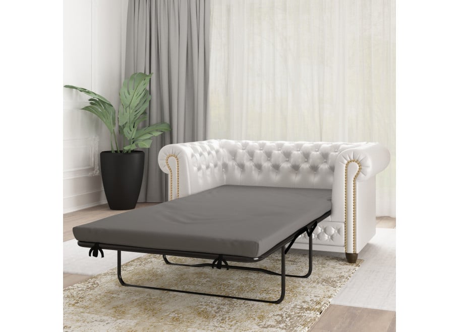Rozkładana sofa Chesterfield FELIX 2 – biała ekoskóra, z funkcją spania, 2-osobowa
