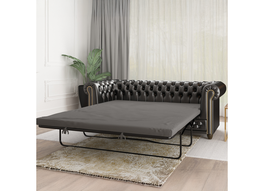 Czarna sofa rozkładana Chesterfield FELIX 3 z funkcją spania – ekoskóra, styl klasyczny