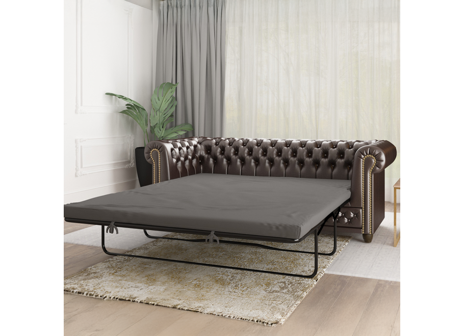 Brązowa sofa trzyosobowa pikowana ekoskóra FELIX 3 – styl Chesterfield z funkcją spania