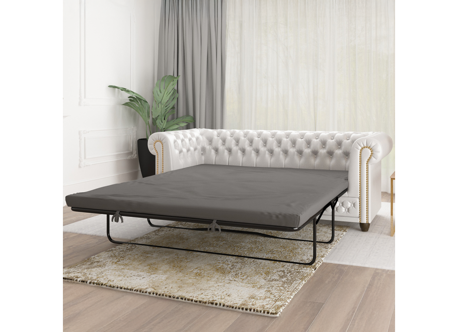 Sofa trzyosobowa FELIX 3– biała ekoskóra, Chesterfield z funkcją spania, pikowana