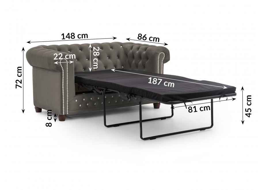 Szara sofa dwuosobowa pikowana Felix Blink – styl Chesterfield z funkcją spania - Riviera 91
