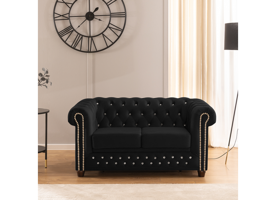 Sofa Felix Blink czarna – pikowana z kryształkami i funkcją spania Chesterfield - Riviera 100