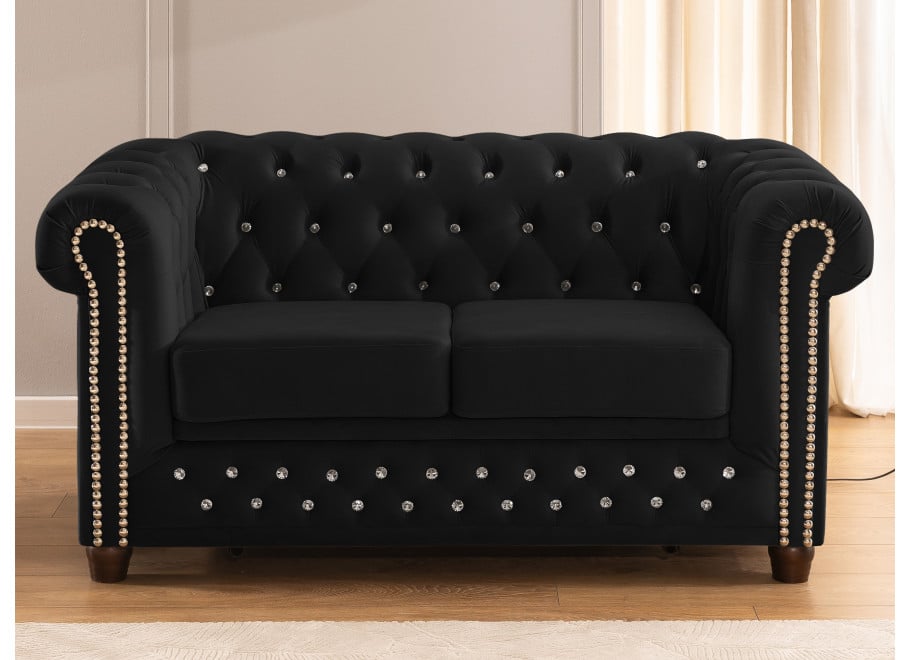 Sofa Felix Blink czarna – pikowana z kryształkami i funkcją spania Chesterfield - Riviera 100