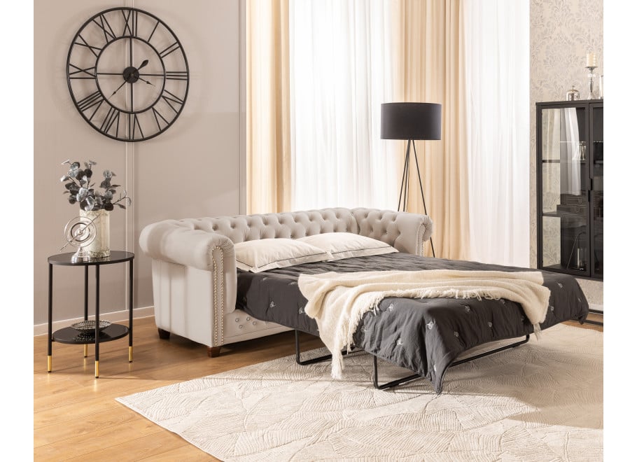 Beżowa sofa z kryształkami Felix Blink z funkcją spania pikowana Chesterfield - Riviera 21