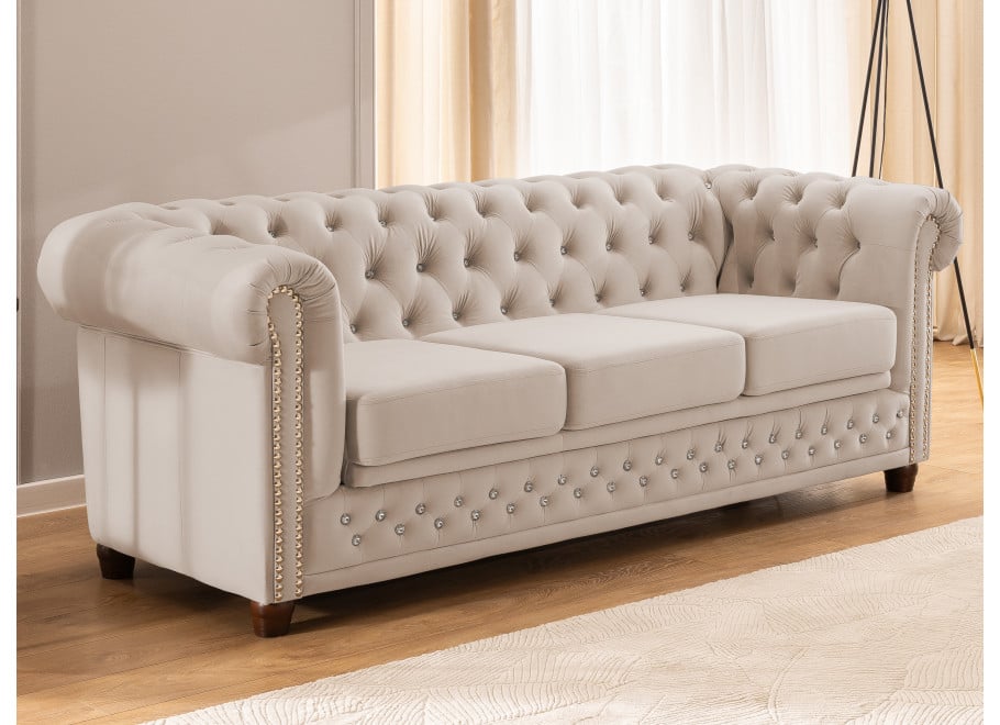 Beżowa sofa z kryształkami Felix Blink z funkcją spania pikowana Chesterfield - Riviera 21