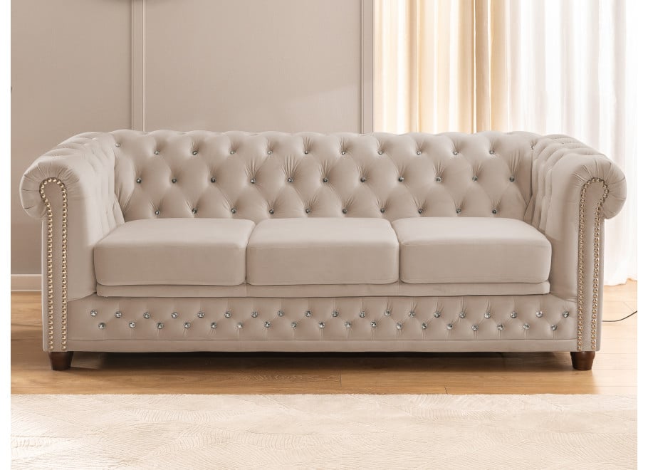 Beżowa sofa z kryształkami Felix Blink z funkcją spania pikowana Chesterfield - Riviera 21