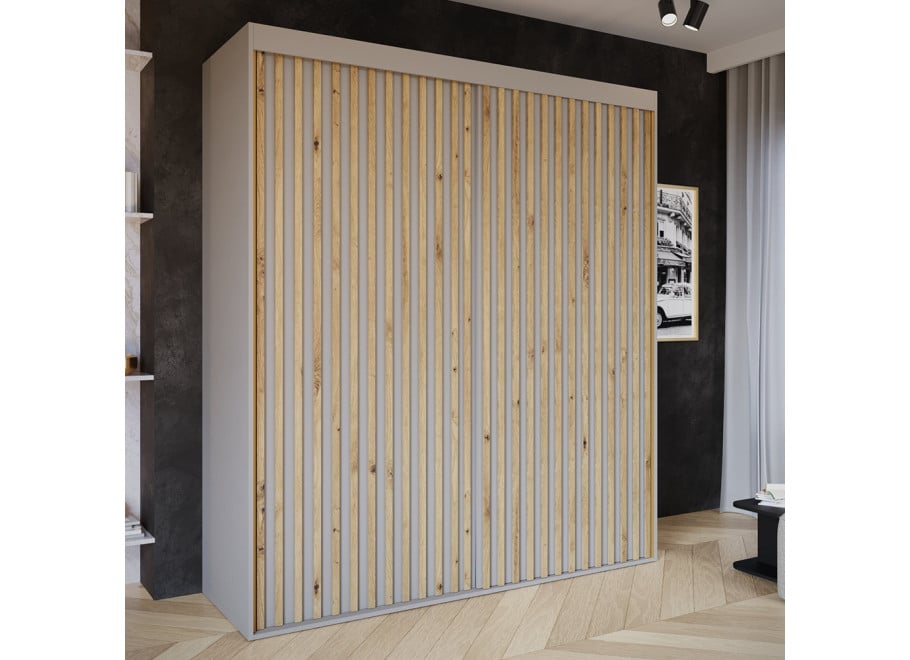 Szafa przesuwna dwudrzwiowa z lamelami na wymiar CLARA - Lamele - dąb artisan, Front - cashmere, Korpus - cashmere